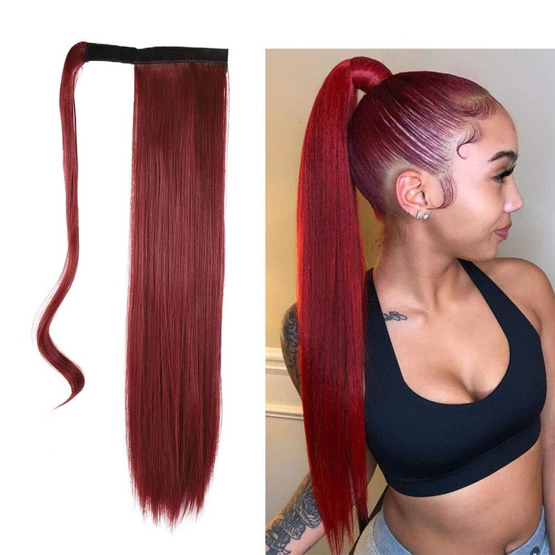 Gangel Red Ponytail Hair Extension Straight Pony Tails Wrap Around Hairpiece Claw Synbthetic Clip in Long Hair Extensions Magic Drawstring Pony Tail Hair Wraps(1 pc) (Wine Red Burg) - Image 1